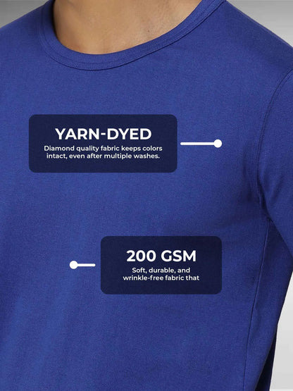 Men's Blue Round Neck T-shirt made of 200 GSM strong, wrinkle-resistant fabric that doesn't lose color or shape.