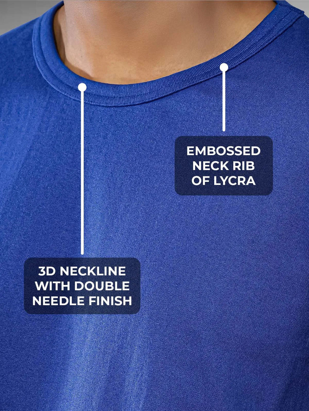 Men's Blue Round Neck T-shirt having 3D Neckline with Double Needle Finish & Embossed Lycra Rib, for a premium look.