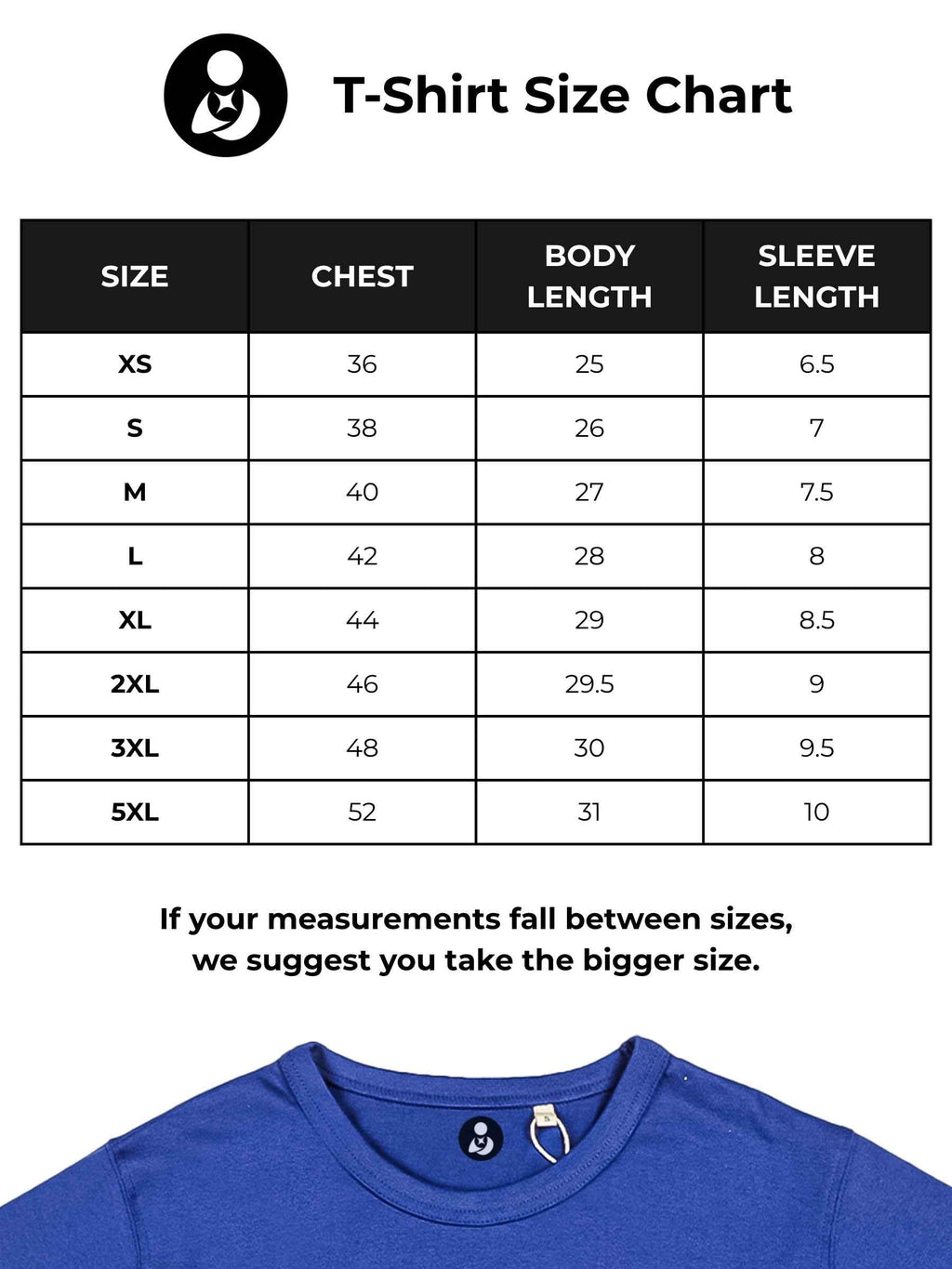 Size chart for Fighterhero Men's Blue T-shirt with 'Resilient' design