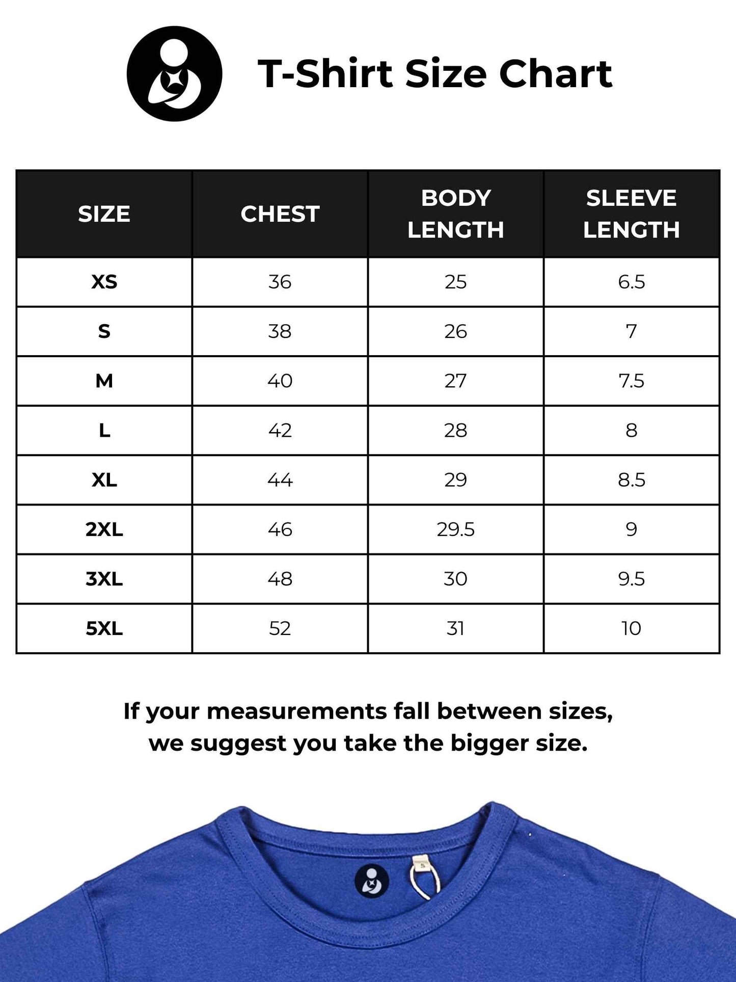 Size chart for Fighterhero Women's Blue T-shirt with 'Fearless. Face the Storm' design