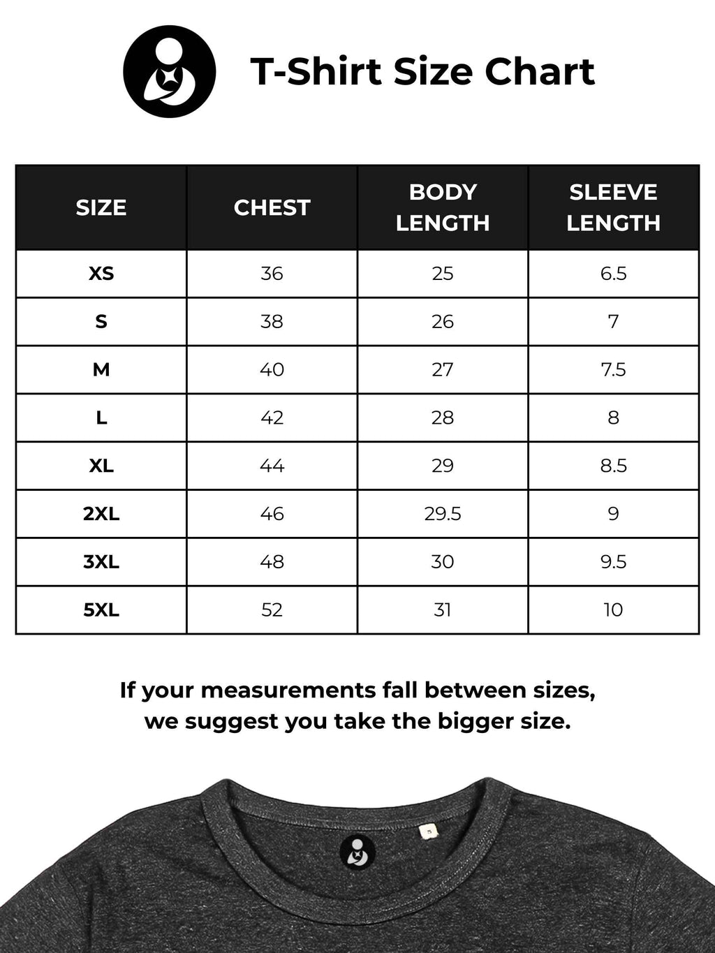 Size chart for Fighterhero Men's Dark Grey T-shirt with 'Calm' design