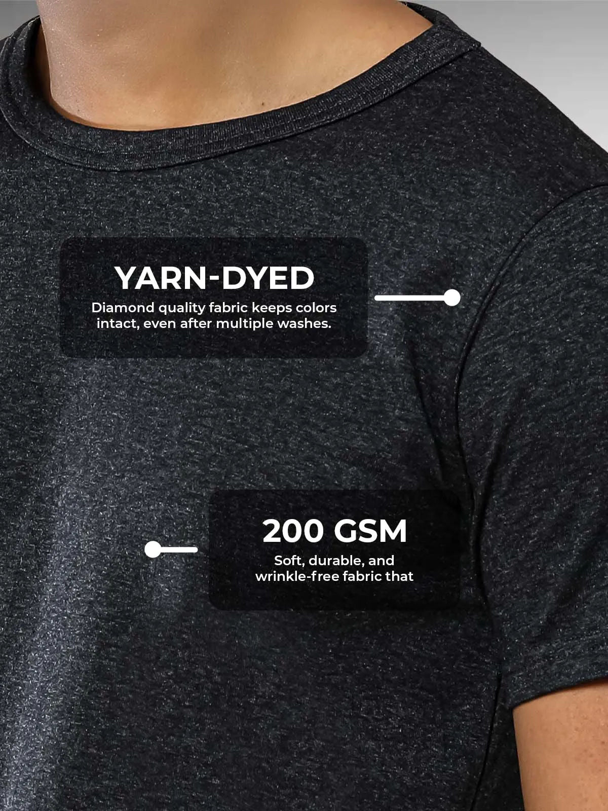 Men's Dark Grey Round Neck T-shirt made of 200 GSM strong, wrinkle-resistant fabric that doesn't lose color or shape.