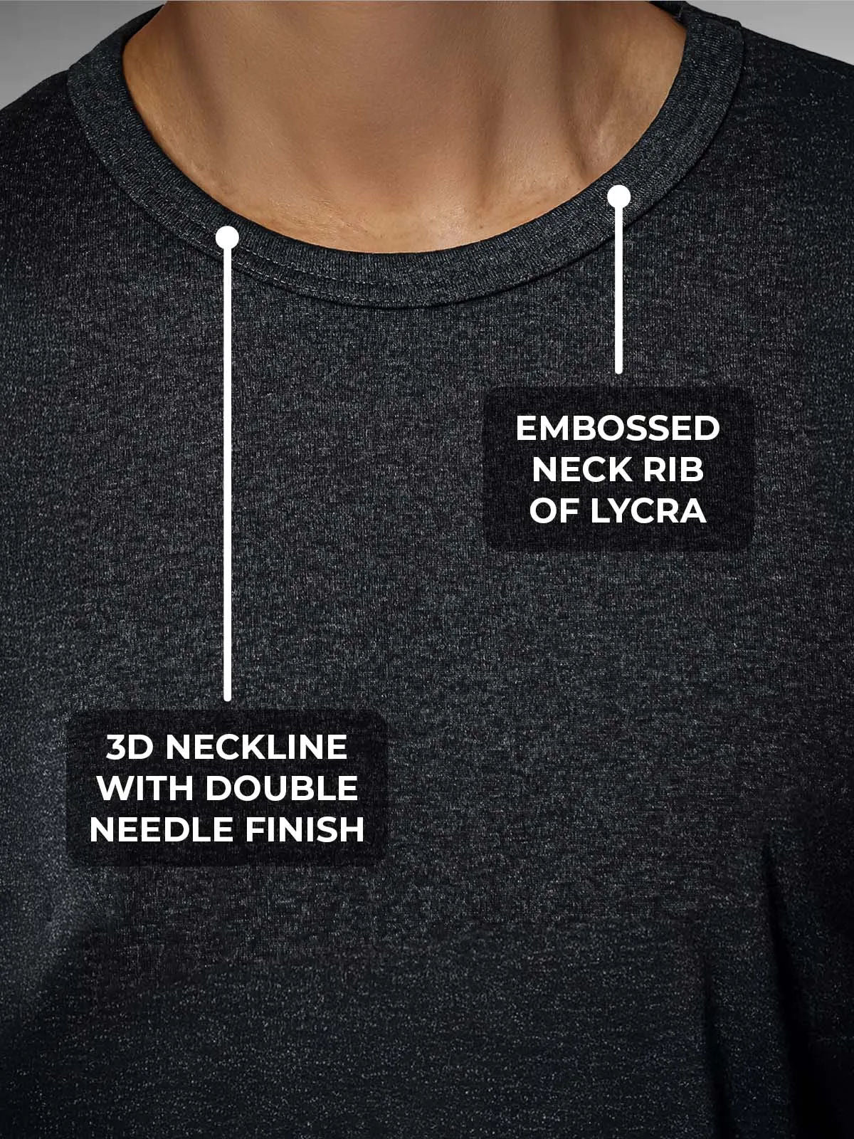 Men's Dark Grey Round Neck T-shirt having 3D Neckline with Double Needle Finish & Embossed Lycra Rib, for a premium look.
