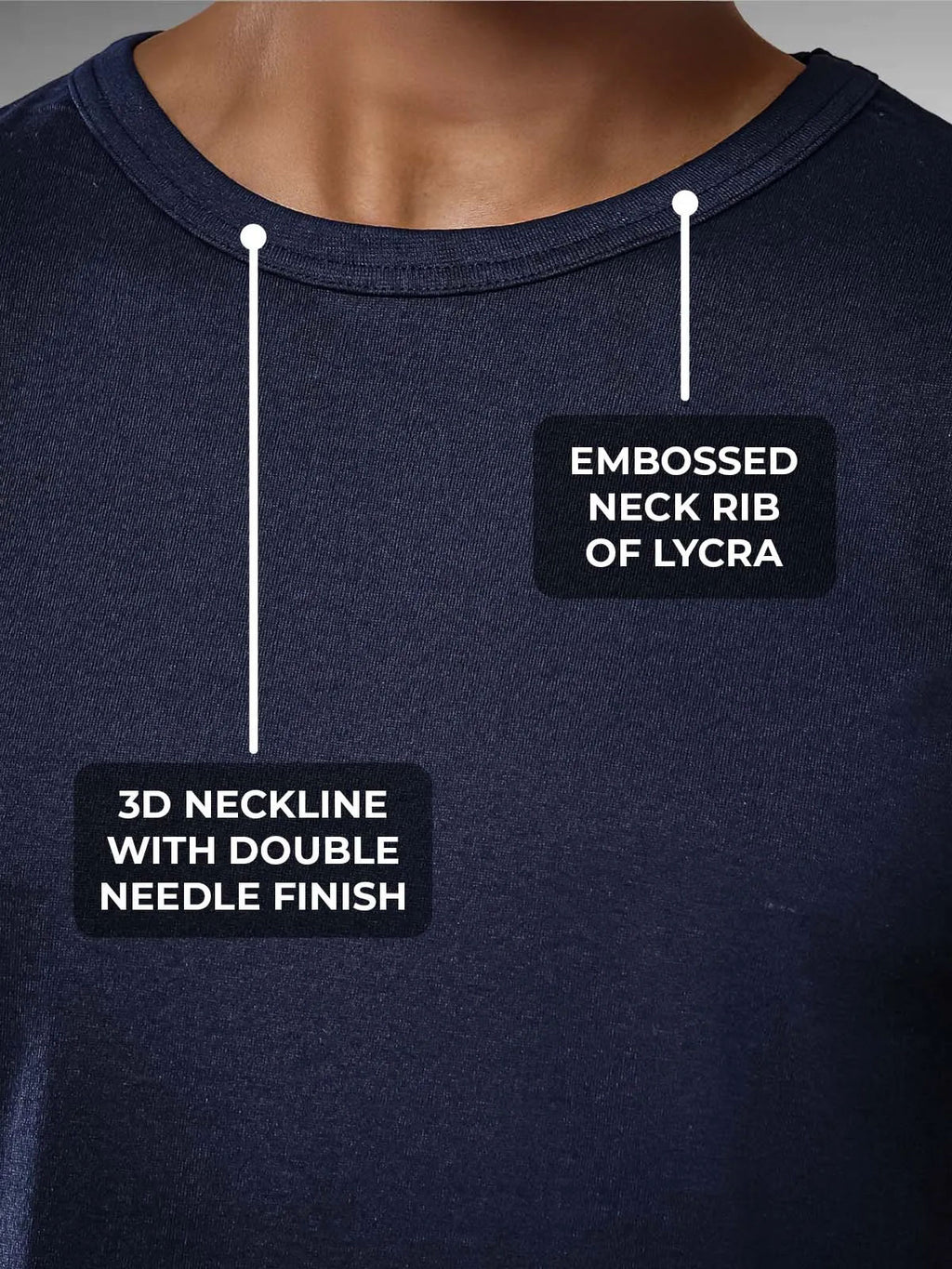 Men's Navy Blue Round Neck T-shirt having 3D Neckline with Double Needle Finish & Embossed Lycra Rib, for a premium look.