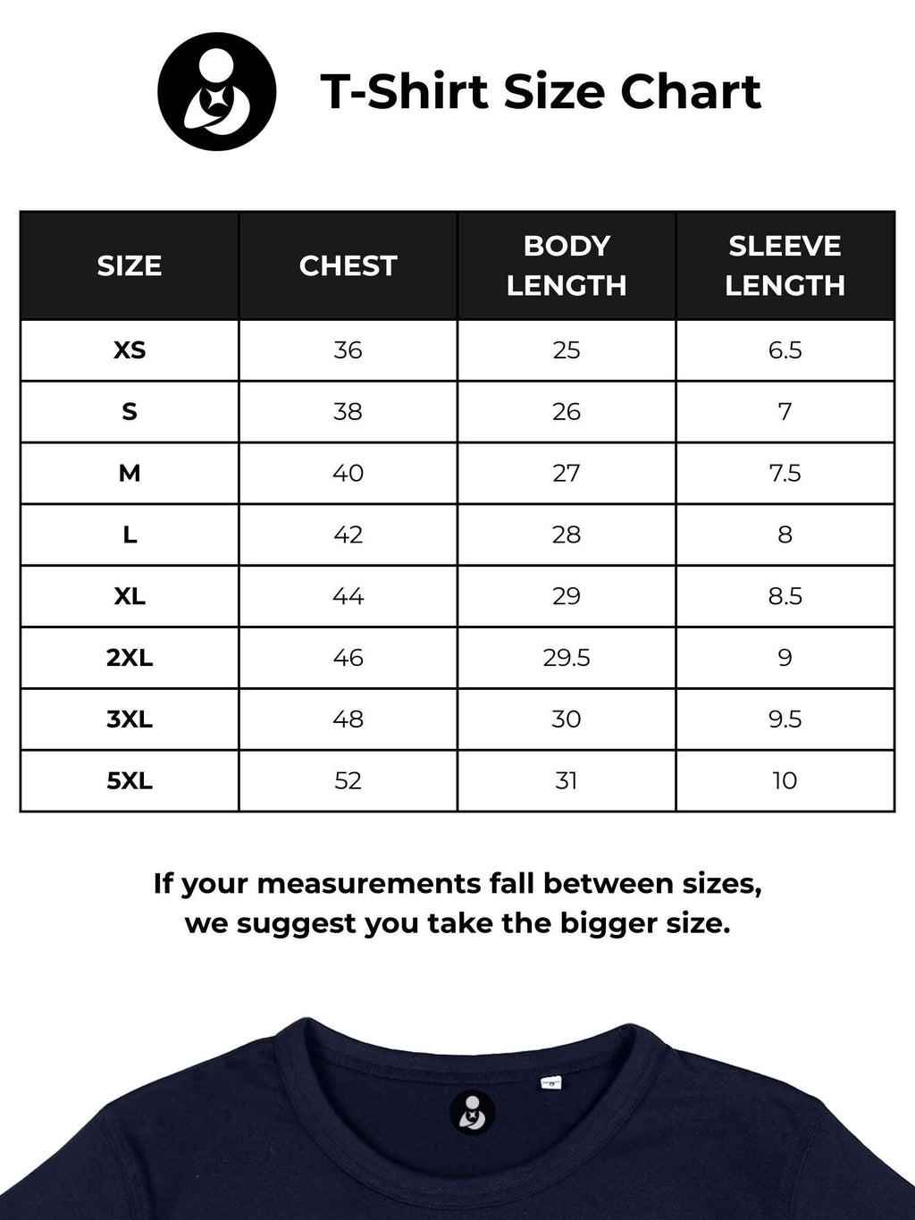 Size chart for Fighterhero Men's Navy Blue T-shirt with 'Born To Defy' design