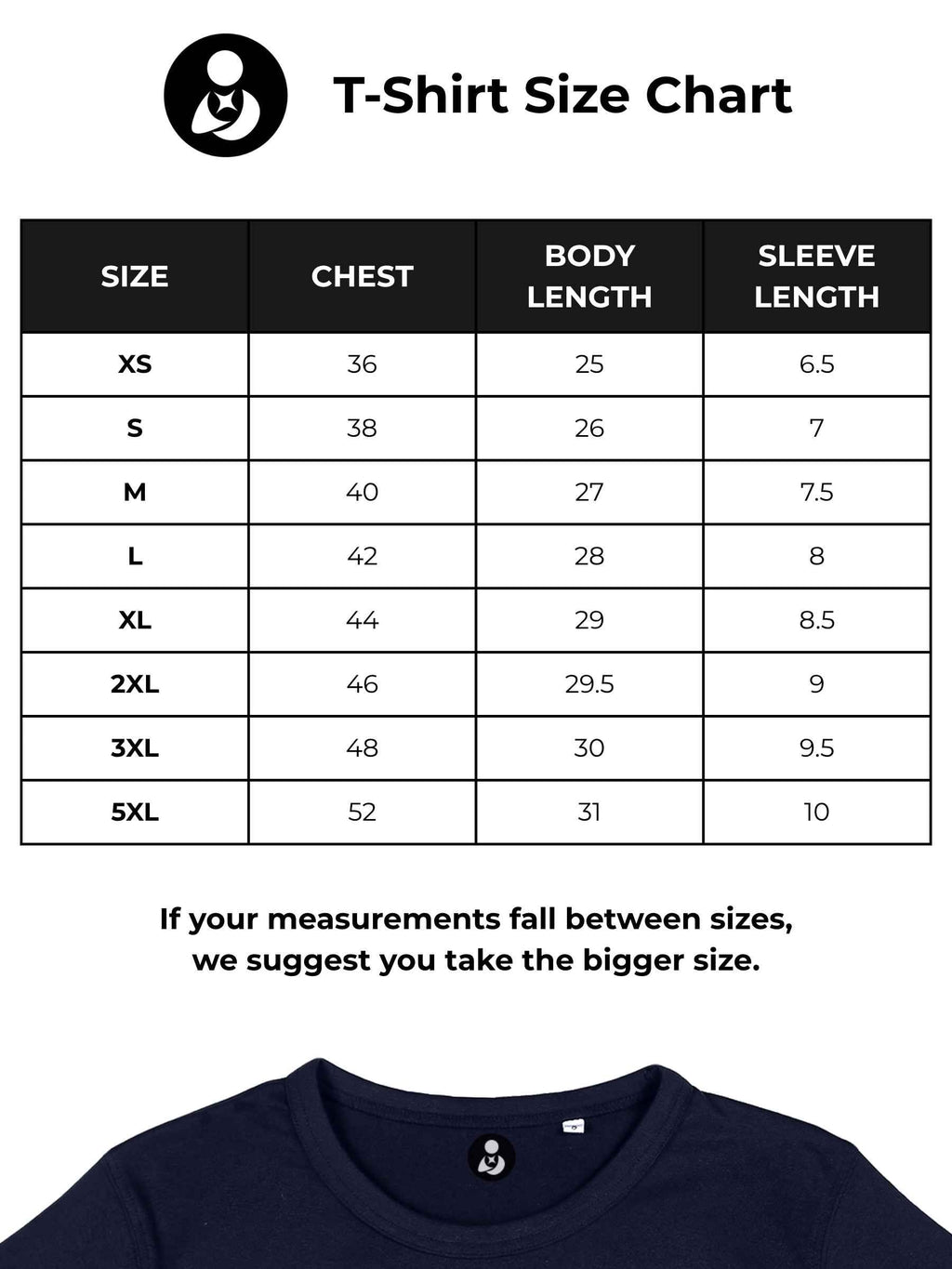 Size chart for Fighterhero Men's Navy Blue T-shirt with 'Resilient' design