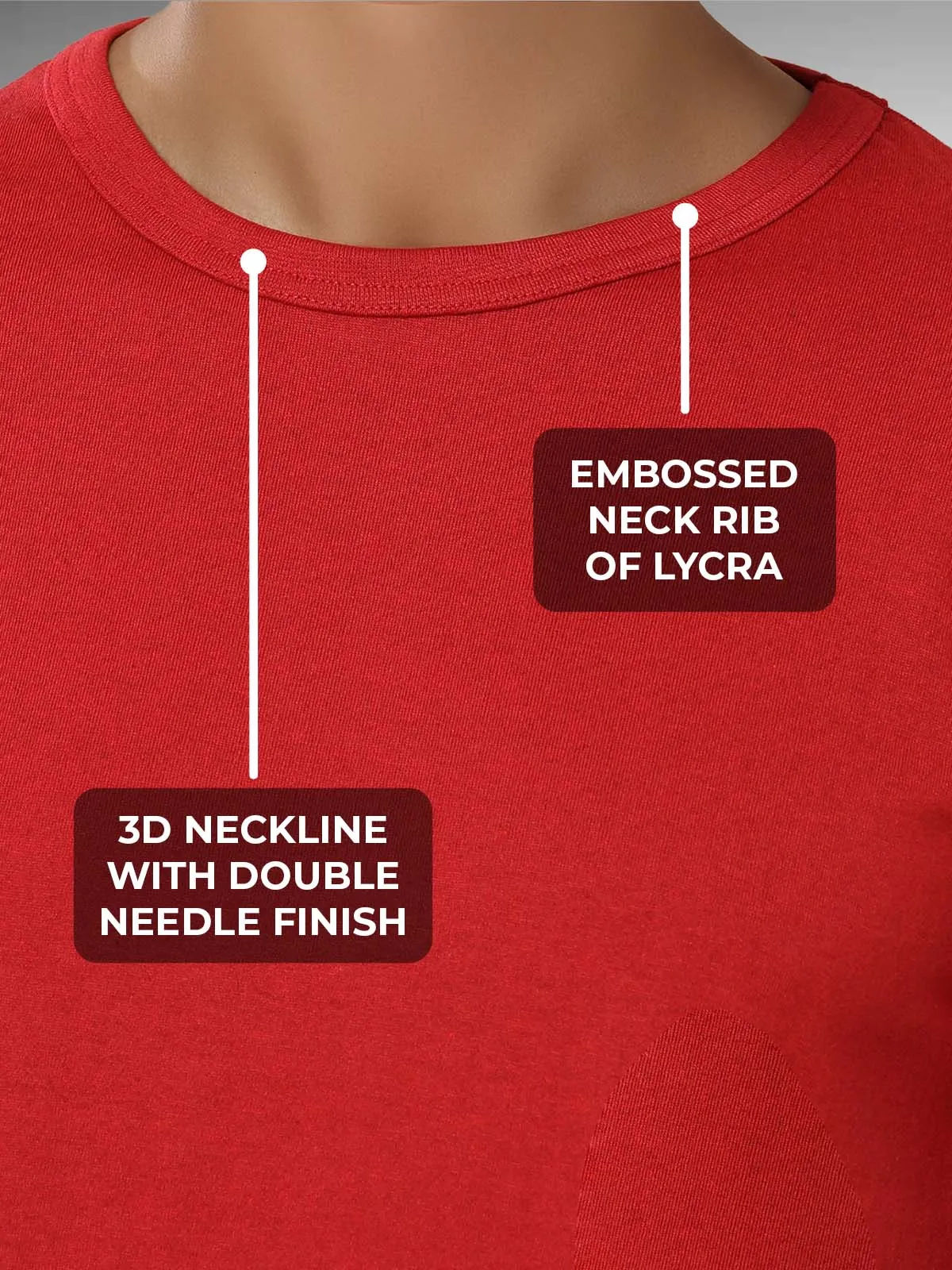 Men's Red Round Neck T-shirt having 3D Neckline with Double Needle Finish & Embossed Lycra Rib, for a premium look.