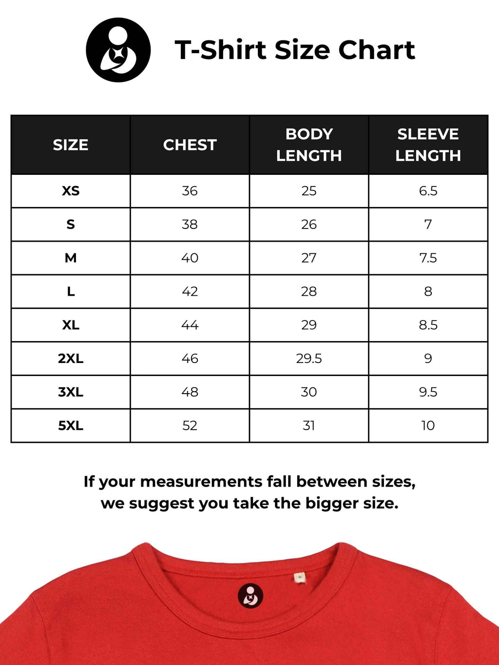 Size chart for Fighterhero Men's Red T-shirt with 'Calm' design