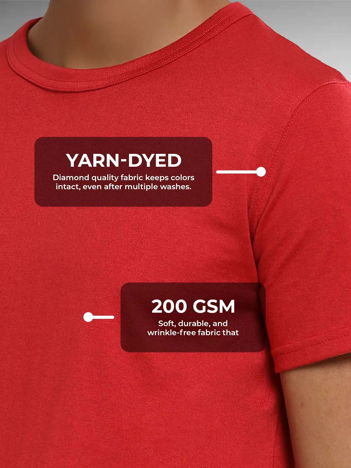Men's Red Round Neck T-shirt made of 200 GSM strong, wrinkle-resistant fabric that doesn't lose color or shape.