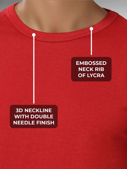 Women's Red Round Neck T-shirt having 3D Neckline with Double Needle Finish & Embossed Lycra Rib, for a premium look.