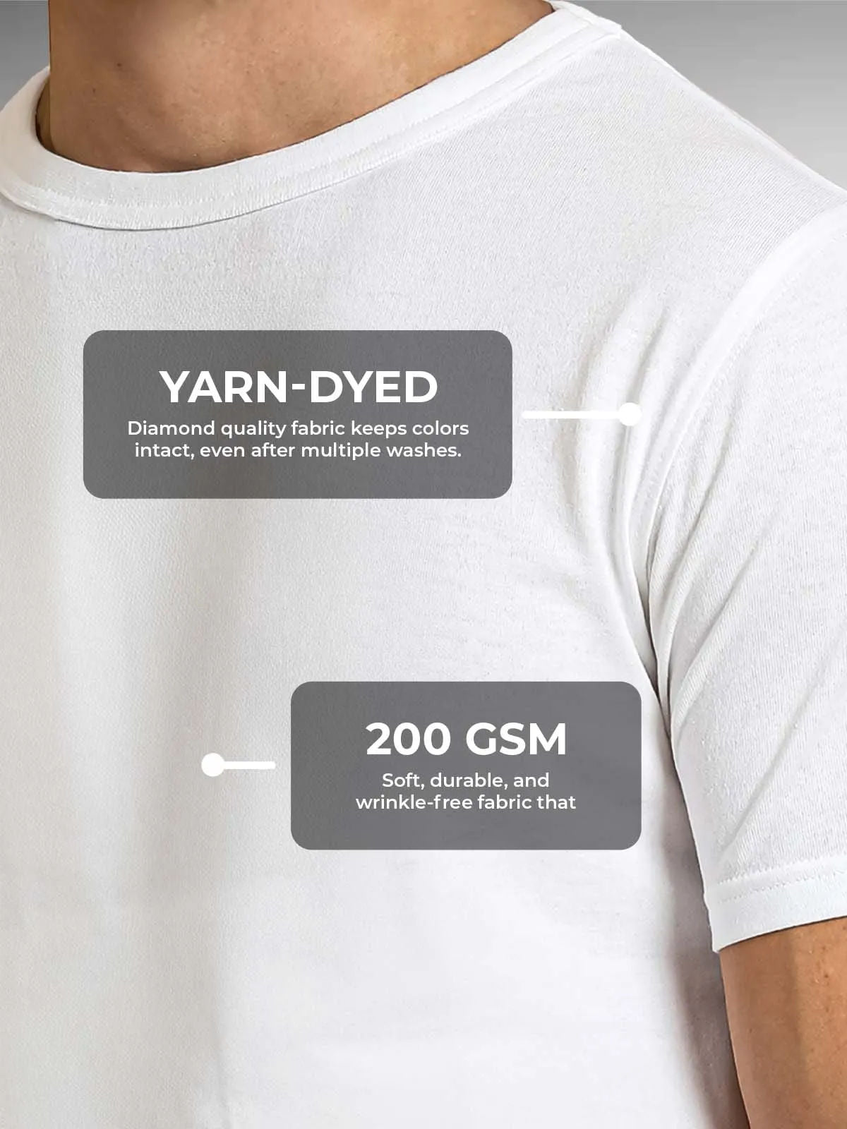 Men's White Round Neck T-shirt made of 200 GSM strong, wrinkle-resistant fabric that doesn't lose color or shape.