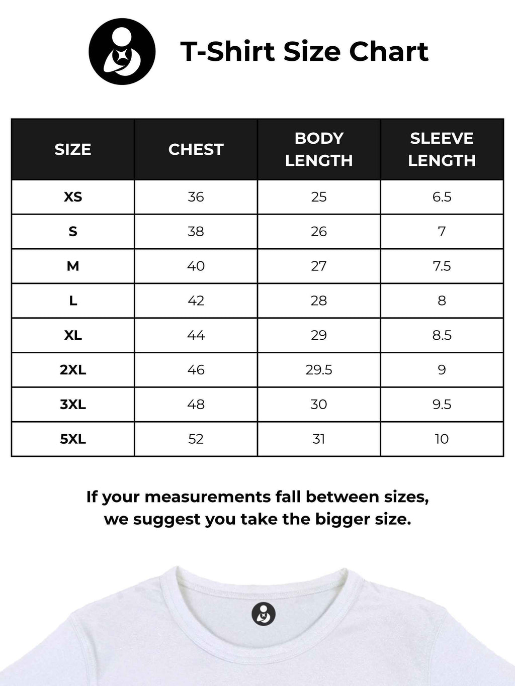 Size chart for Fighterhero Men's White T-shirt with 'Resilient' design
