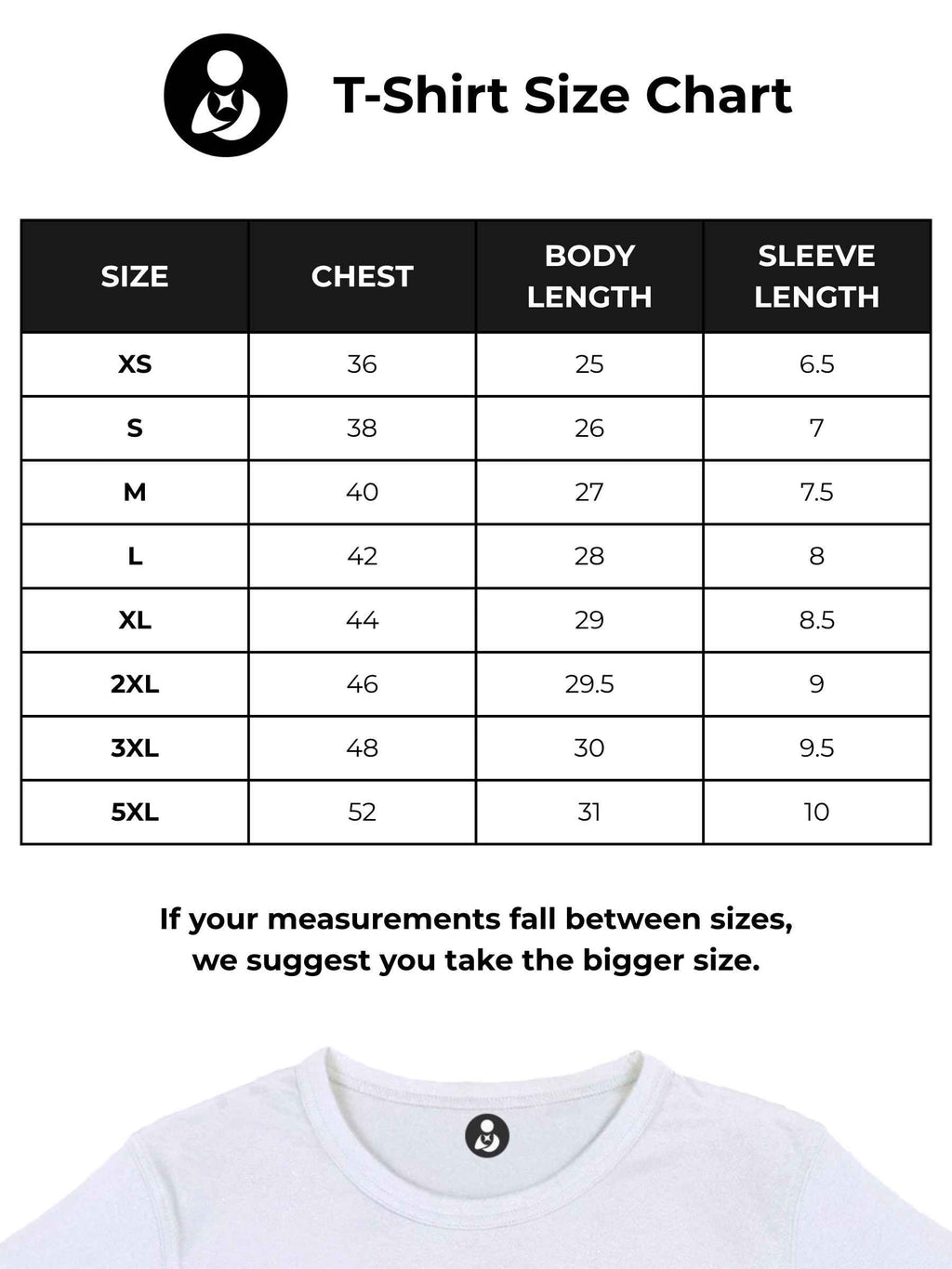 Size chart for Fighterhero Men's White T-shirt with 'Calm' design