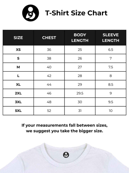 Size chart for Fighterhero Men's White T-shirt with 'Bound By Kindness' design