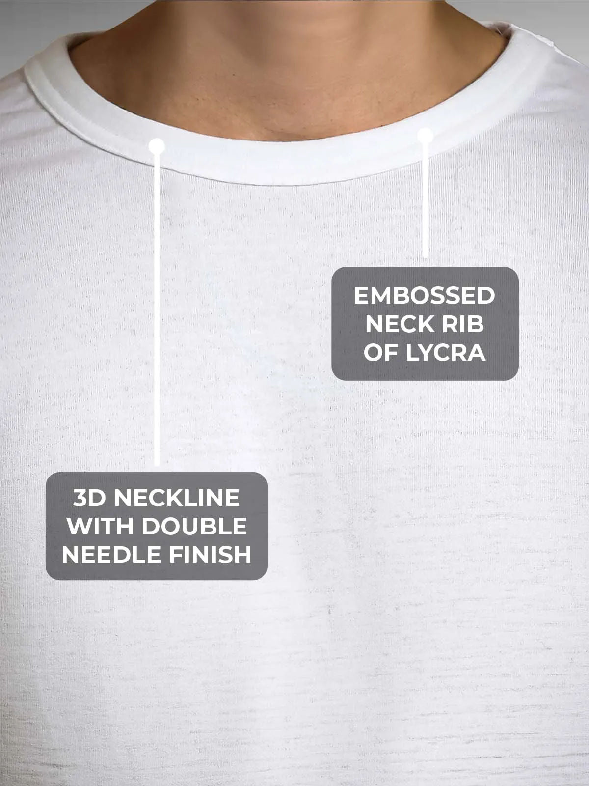 Men's White Round Neck T-shirt having 3D Neckline with Double Needle Finish & Embossed Lycra Rib, for a premium look.