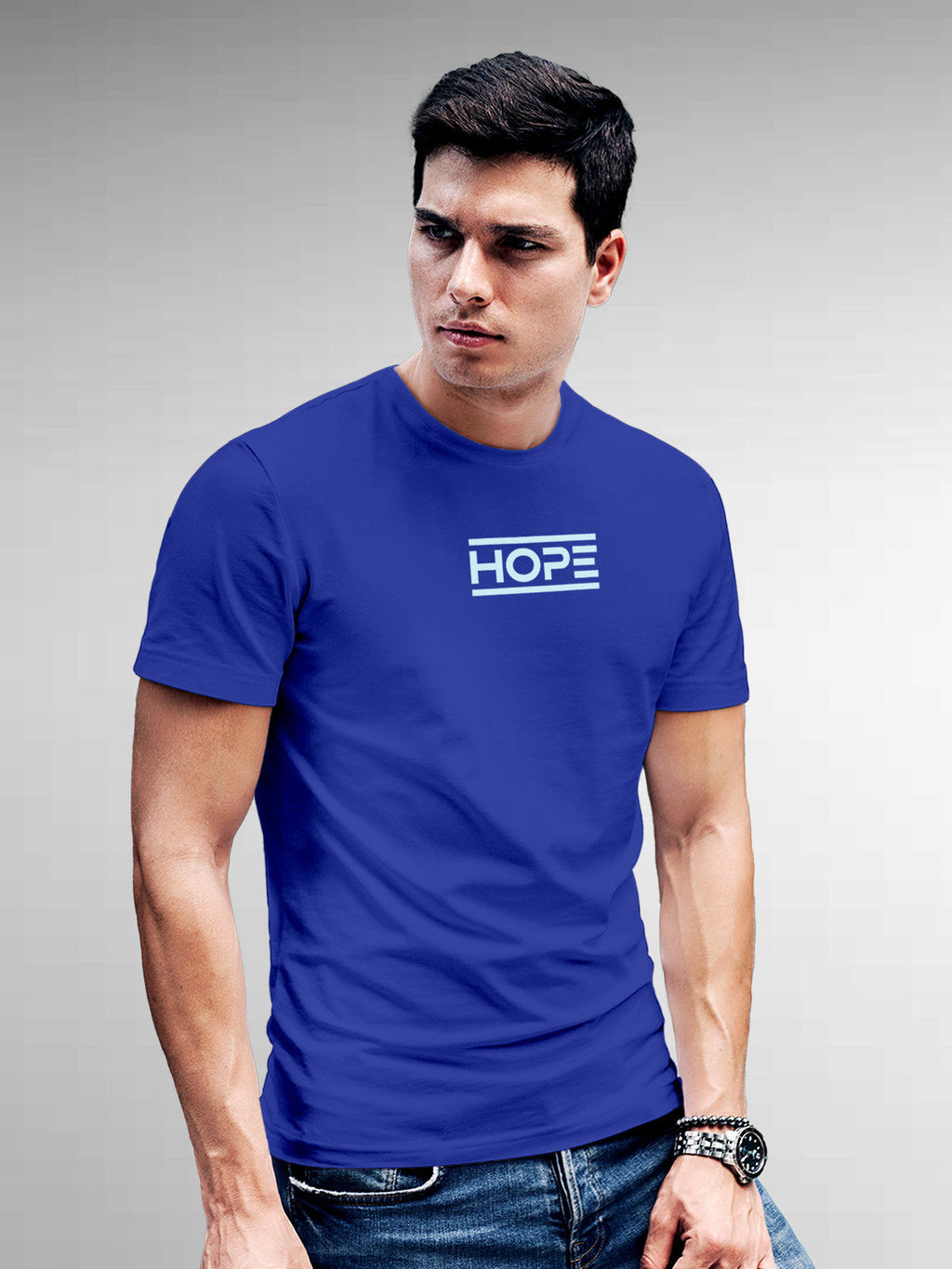 Model wearing Men's Blue Round Neck T-shirt with 'Hope' design, offering effortless style and premium comfort
