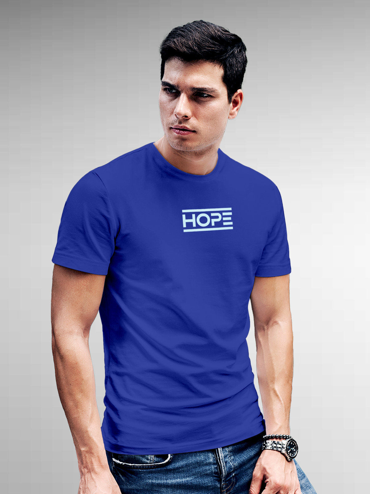 Model wearing Men's Blue Round Neck T-shirt with 'Hope' design, offering effortless style and premium comfort