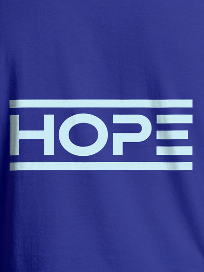 Close up of 'Hope' design on Men's Blue Round Neck T-shirt, highlighting intricate details and vibrant print.