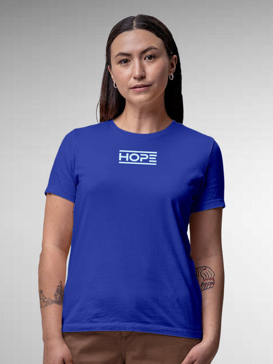 Model wearing Women's Blue Round Neck T-shirt with 'Hope' design, offering effortless style and premium comfort