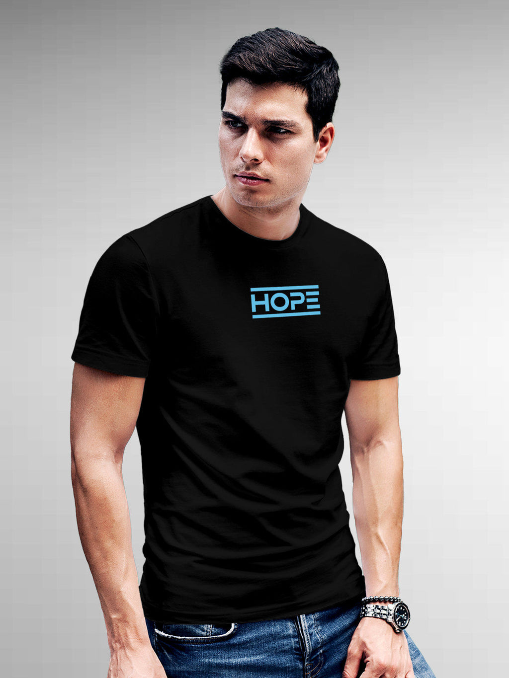 Model wearing Men's Black Round Neck T-shirt with 'Hope' design, offering effortless style and premium comfort