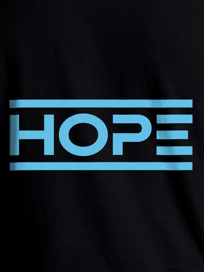 Close up of 'Hope' design on Men's Black Round Neck T-shirt, highlighting intricate details and vibrant print.