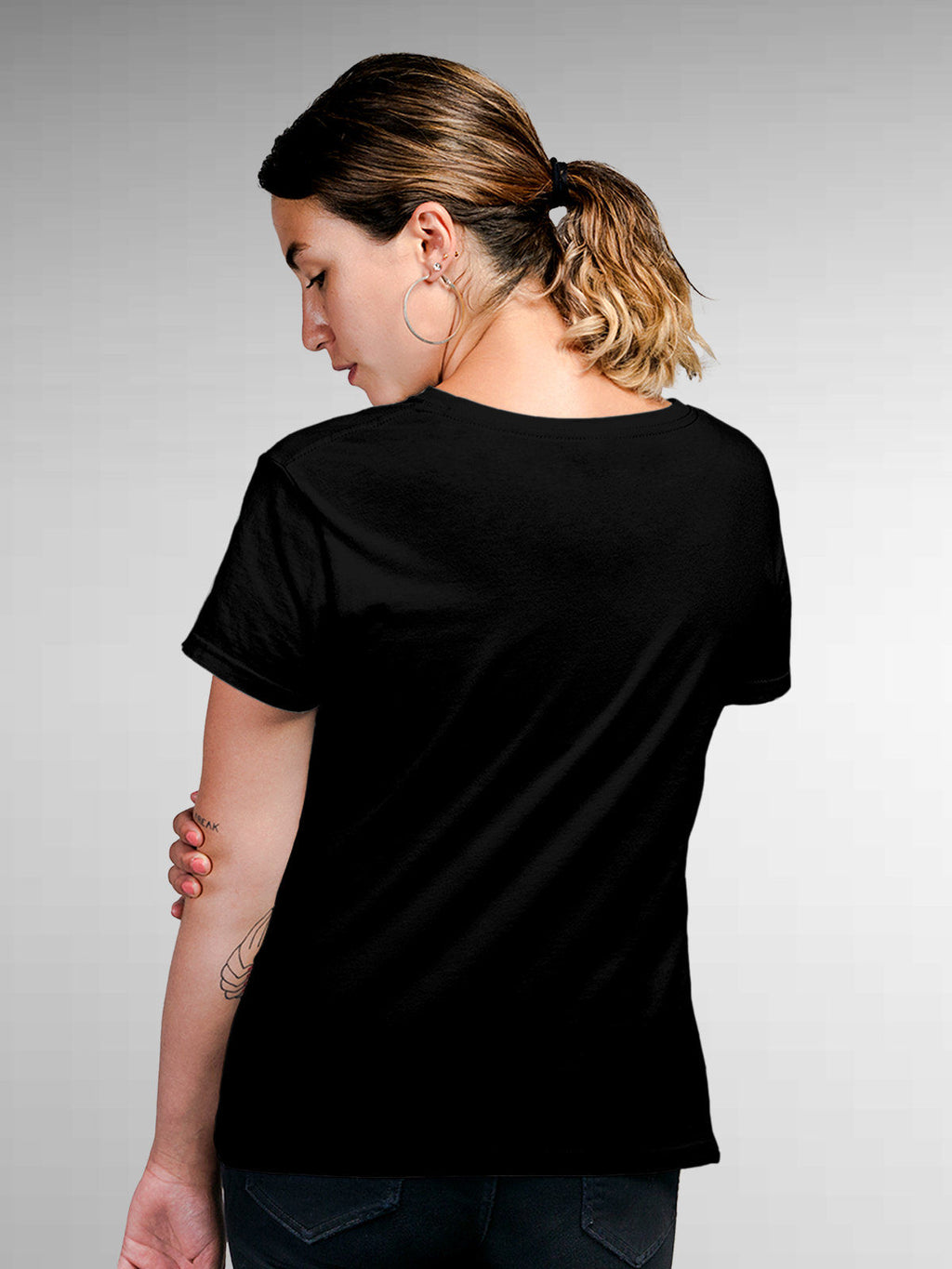 Back view of Fighterhero Women's Black Round Neck T-shirt, highlighting the modern look and clean finish