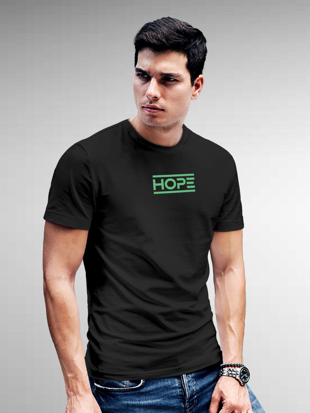 Model wearing Men's Dark Grey Round Neck T-shirt with 'Hope' design, offering effortless style and premium comfort
