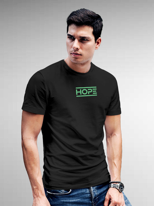 Model wearing Men's Dark Grey Round Neck T-shirt with 'Hope' design, offering effortless style and premium comfort