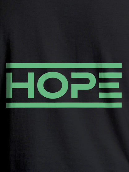 Close up of 'Hope' design on Men's Dark Grey Round Neck T-shirt, highlighting intricate details and vibrant print.