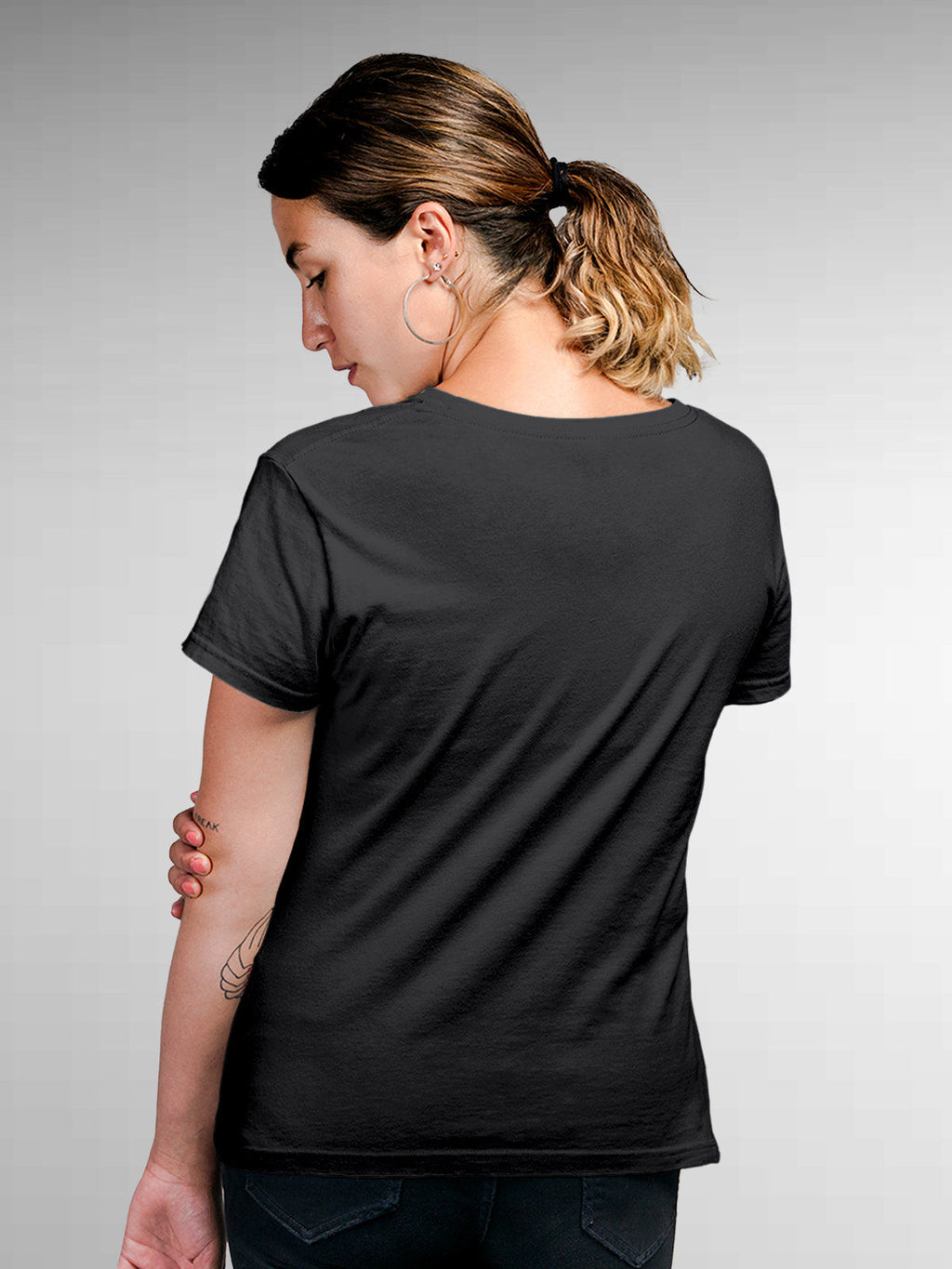 Back view of Fighterhero Women's Dark Grey Round Neck T-shirt, highlighting the modern look and clean finish