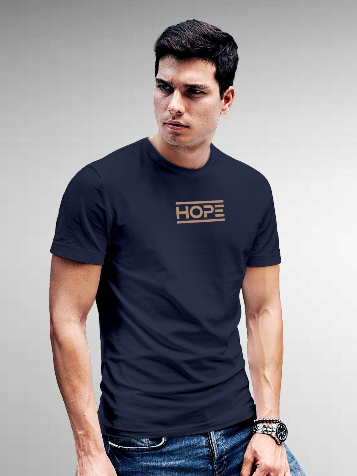 Model wearing Men's Navy Blue Round Neck T-shirt with 'Hope' design, offering effortless style and premium comfort