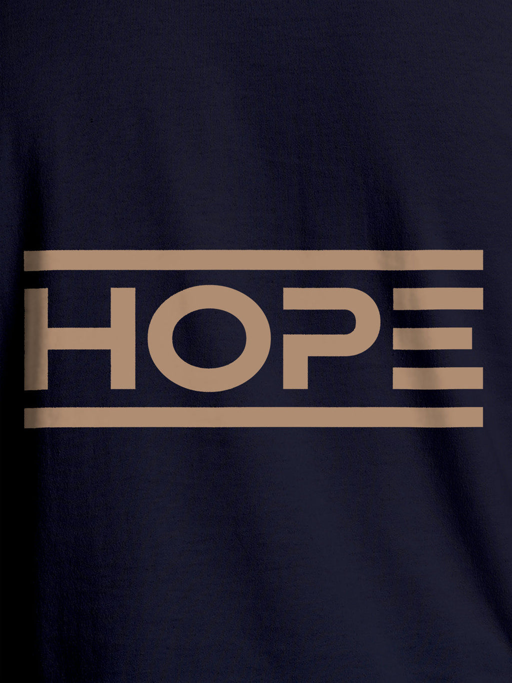 Close up of 'Hope' design on Men's Navy Blue Round Neck T-shirt, highlighting intricate details and vibrant print.