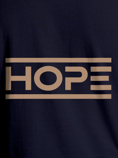 Close up of 'Hope' design on Men's Navy Blue Round Neck T-shirt, highlighting intricate details and vibrant print.
