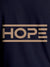 Close up of 'Hope' design on Men's Navy Blue Round Neck T-shirt, highlighting intricate details and vibrant print.