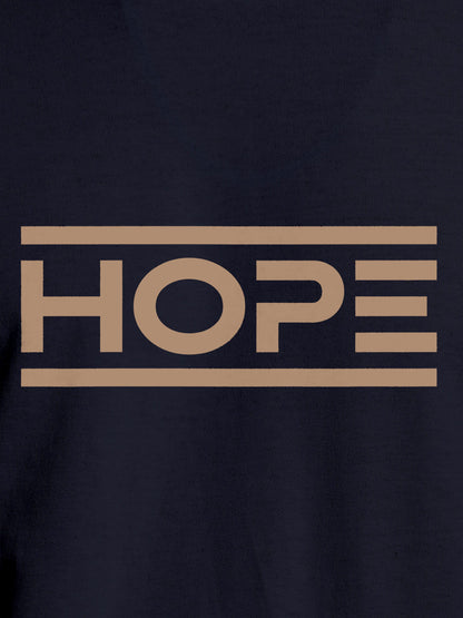 Close up of 'Hope' design on Women's Navy Blue Round Neck T-shirt, highlighting intricate details and vibrant print.