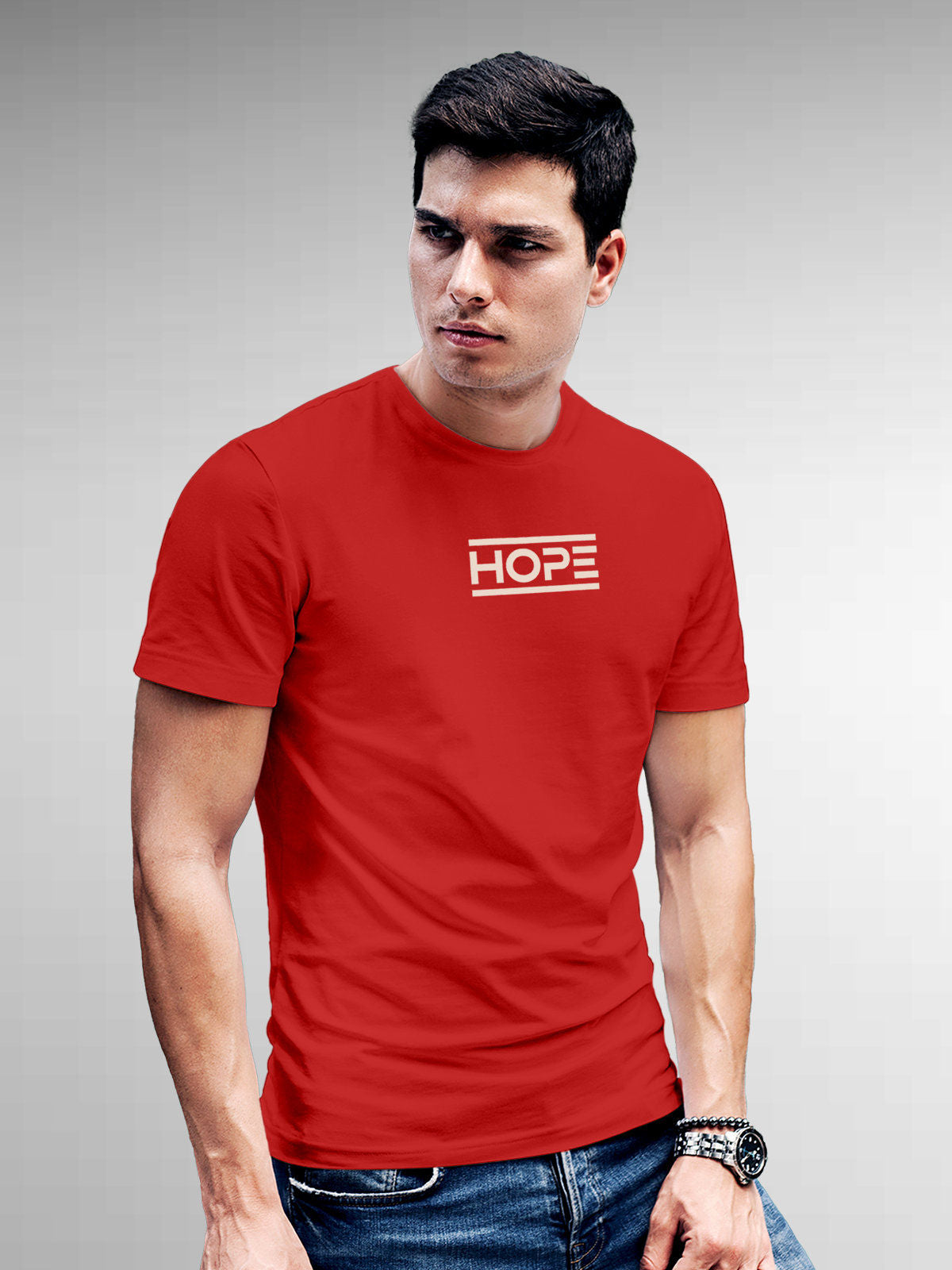 Model wearing Men's Red Round Neck T-shirt with 'Hope' design, offering effortless style and premium comfort