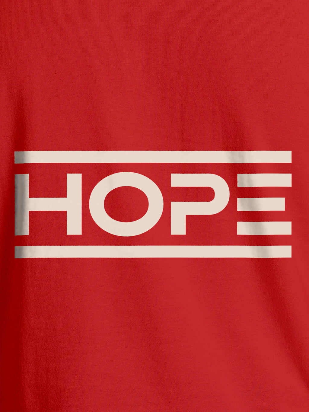 Close up of 'Hope' design on Men's Red Round Neck T-shirt, highlighting intricate details and vibrant print.