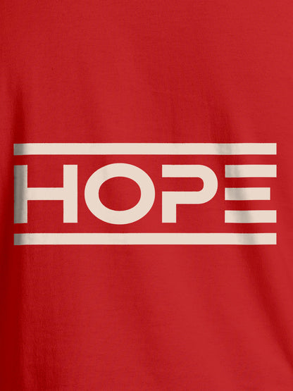 Close up of 'Hope' design on Men's Red Round Neck T-shirt, highlighting intricate details and vibrant print.