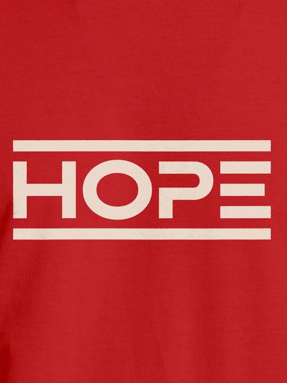 Close up of 'Hope' design on Women's Red Round Neck T-shirt, highlighting intricate details and vibrant print.