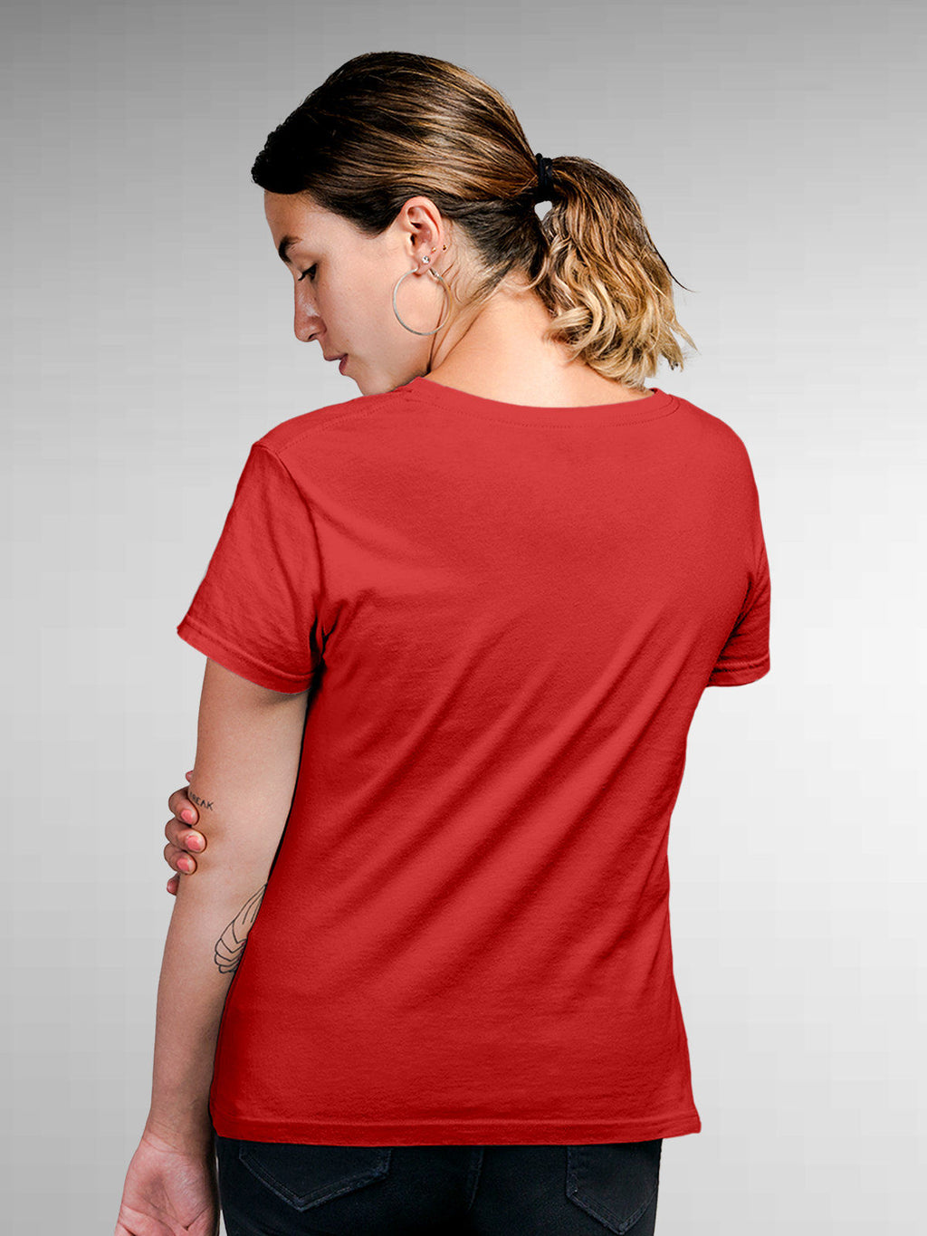 Back view of Fighterhero Women's Red Round Neck T-shirt, highlighting the modern look and clean finish