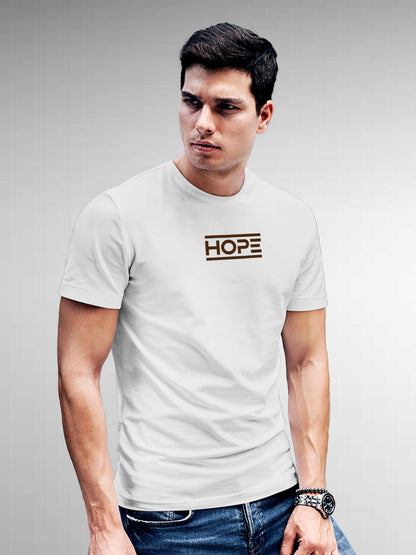 Model wearing Men's White Round Neck T-shirt with 'Hope' design, offering effortless style and premium comfort