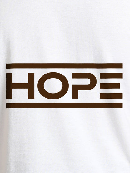Close up of 'Hope' design on Men's White Round Neck T-shirt, highlighting intricate details and vibrant print.