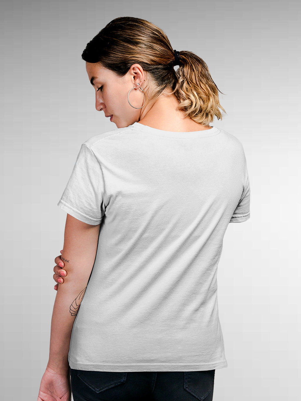 Back view of Fighterhero Women's White Round Neck T-shirt, highlighting the modern look and clean finish