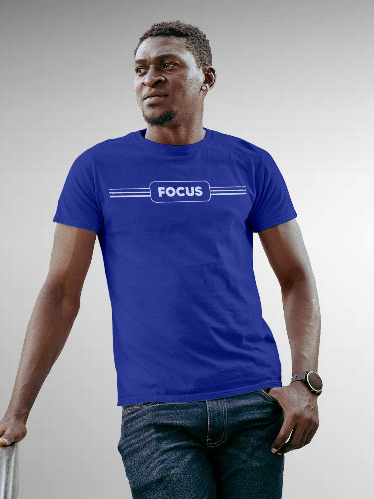 Model wearing Men's Blue Round Neck T-shirt with 'Focus' design, offering effortless style and premium comfort