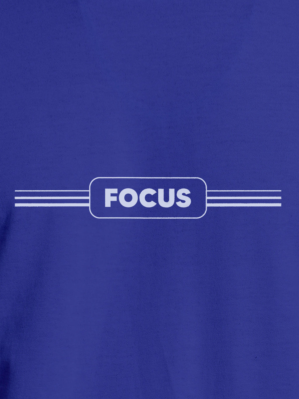 Close up of 'Focus' design on Men's Blue Round Neck T-shirt, highlighting intricate details and vibrant print.
