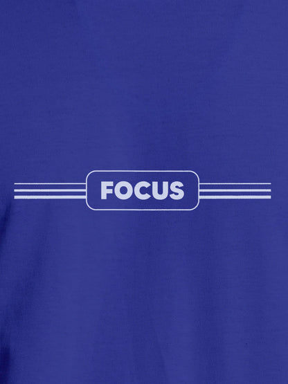Close up of 'Focus' design on Men's Blue Round Neck T-shirt, highlighting intricate details and vibrant print.