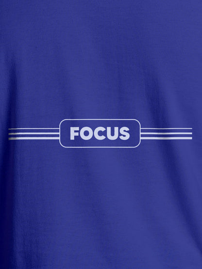 Close up of 'Focus' design on Women's Blue Round Neck T-shirt, highlighting intricate details and vibrant print.
