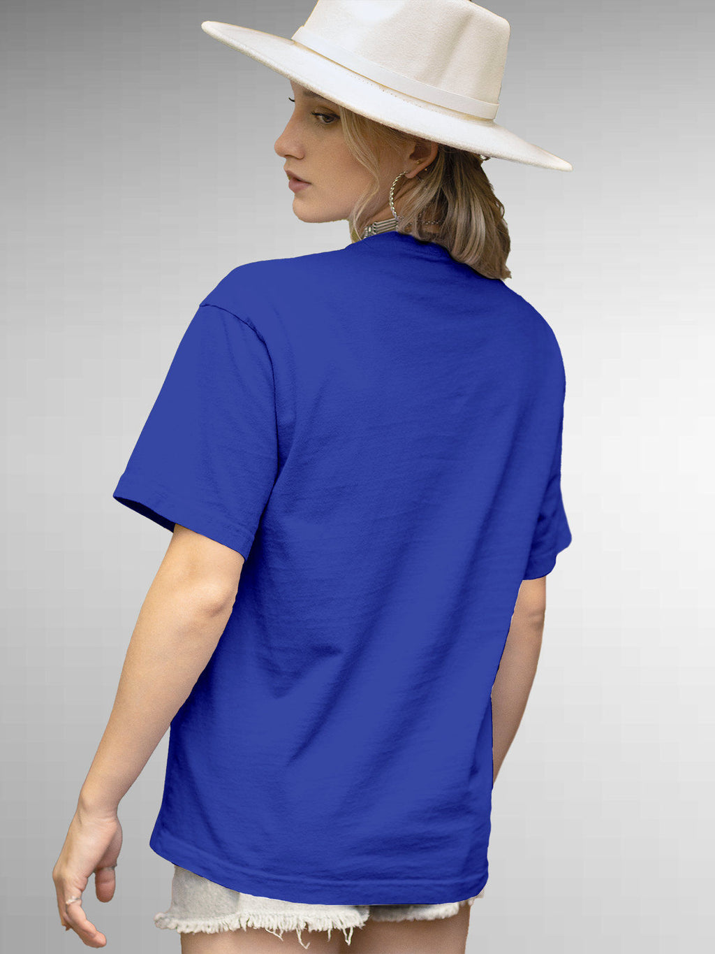 Back view of Fighterhero Women's Blue Round Neck T-shirt, highlighting the modern look and clean finish