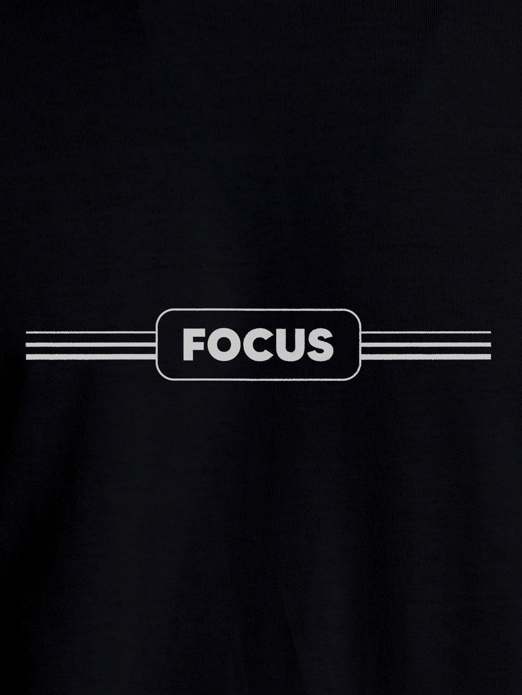 Close up of 'Focus' design on Men's Black Round Neck T-shirt, highlighting intricate details and vibrant print.