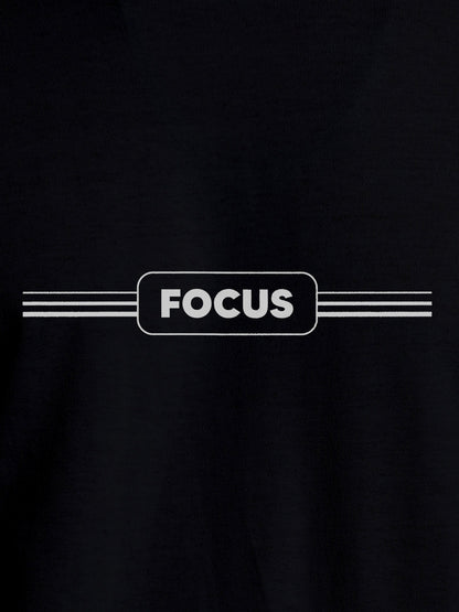 Close up of 'Focus' design on Men's Black Round Neck T-shirt, highlighting intricate details and vibrant print.